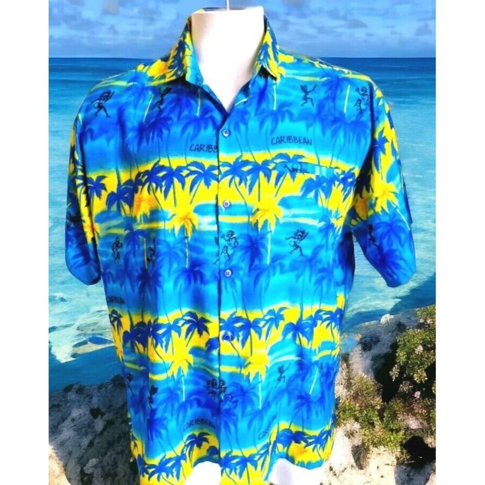 CREATIONS Mens Blue N Yellow Caribbean Tropical Terivoile Button Down Shirt XL